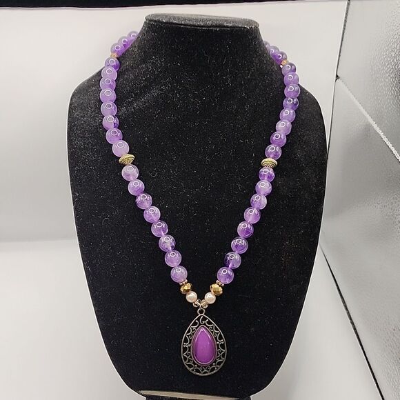 Handmade Repurposed Amethyst and Brass Harmony Necklace - Picture 3 of 7